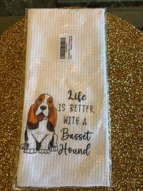 Basset Hound Kitchen Towel - White with Brown and Orange Dog Design